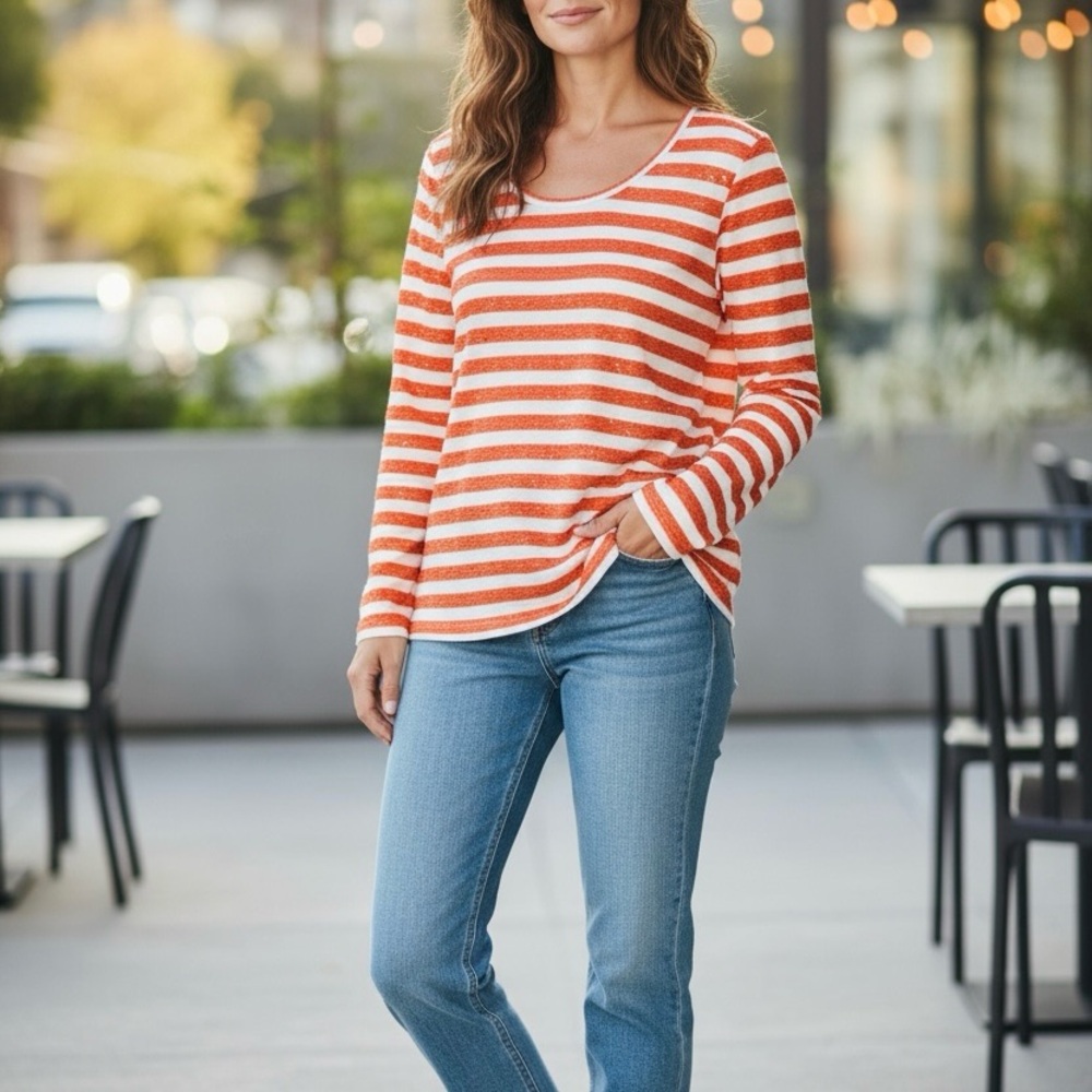 Chico’s Striped Sequin Orange White Top Long Sleeve Nautical Coastal Size 2